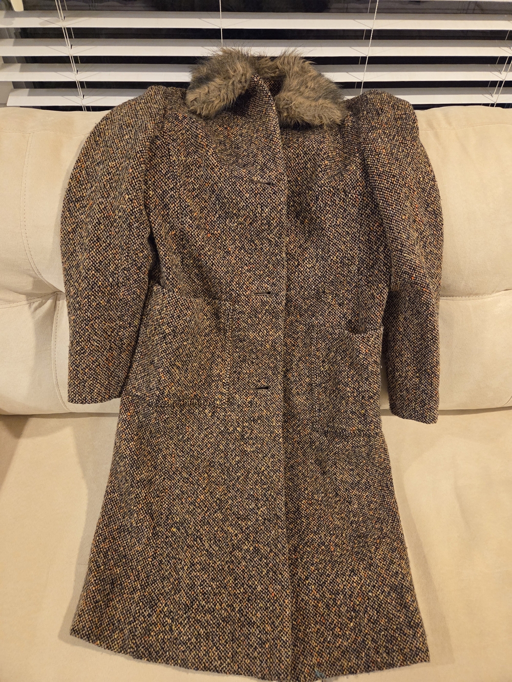 Womens Tweed Long Coat with Faux Fur Collar - Brown